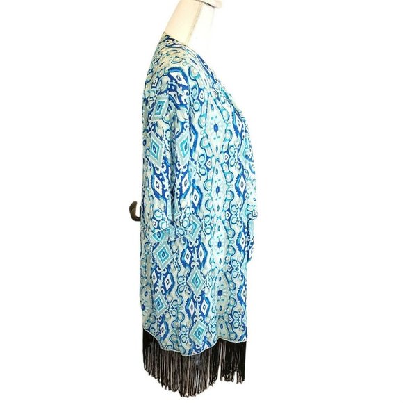 LuLaRoe Monroe Kimono Kaftan Duster Fringe Size L Blue Sheer Longline - Picture 5 of 7